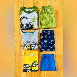 3 assorted pajamas sets 6-7Y: Green Jurassic, Chicago Athletics & Minions motif